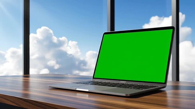Modern corporate workspace with laptop mockup and solid green display. Floor to ceiling window reveals calm sky and clouds, perfect for business presentations