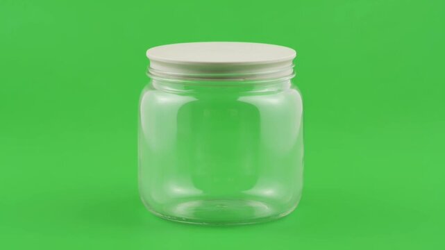 Empty glass jar with white plastic lid standing on green background