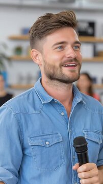 Young man speaks with handheld microphone in bright workshop, gestures with left hand, shifts gaze to audience, smiles mid sentence, then lowers hand while continuing talk.