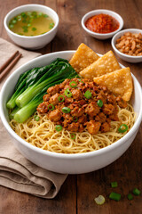 pasta with vegetables, Classic Indonesian Chicken Noodles
Mie Ayam Bowl
Comfort in a Bowl
Traditional Chicken Noodles
Savory Chicken Noodles with Crispy Wontons
Warm, Flavor-Packed Mie Ayam
Street-Sty