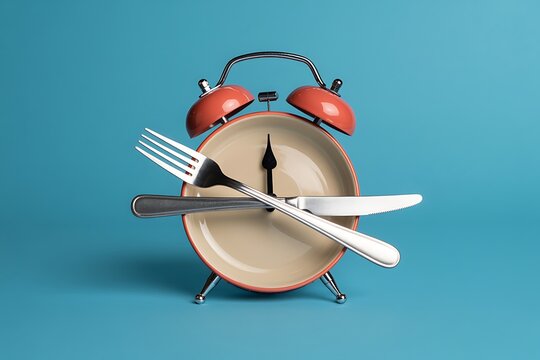 Red alarm clock with crossed fork and knife on its face against blue background with empty plate