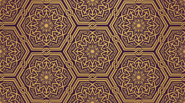 Intricate golden geometric pattern with hexagonal motifs and elaborate arabesque designs on a dark background, creating a luxurious and elegant seamless texture.