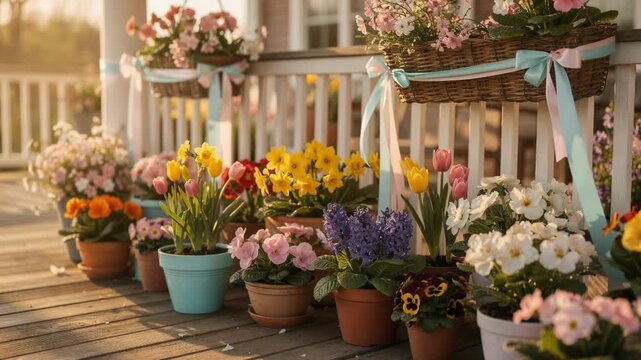 Bright springtime porch decked with colorful blooming flowers and pastel ribbons floral arrangements in sharp detail against a softly blurred veranda wall.