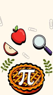 Happy Pi Day background featuring pie with pi symbol, apple, magnifier and school elements. Perfect for March 14 math celebration, classroom activities, science events and education content.