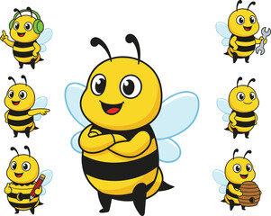 Obraz premium Assortment of happy cartoon bees performing various tasks and a central bee on white background Keywords: bee, insect, animal