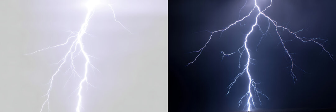 Forked lightning bolt strike visualization on light and dark backgrounds for storm effect overlays
