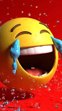 3D Animation of Laughing Emoji with Tears of Joy on a Red Background.