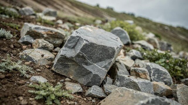 Erosion control riprap arranged on a hillside with detailed center rock focus surrounded by fuzzily visible vegetation and earthworks.