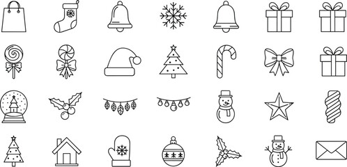 Collection of winter and holiday-themed icons in a minimalist line art style isolated on transparent background, Vector © Anaya
