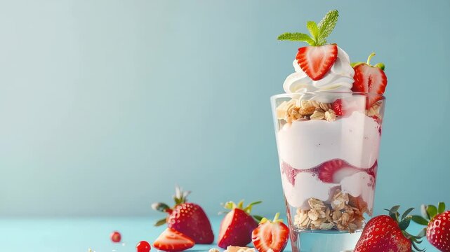 Glass of fresh strawberry parfait with whipped cream and granola on blue background