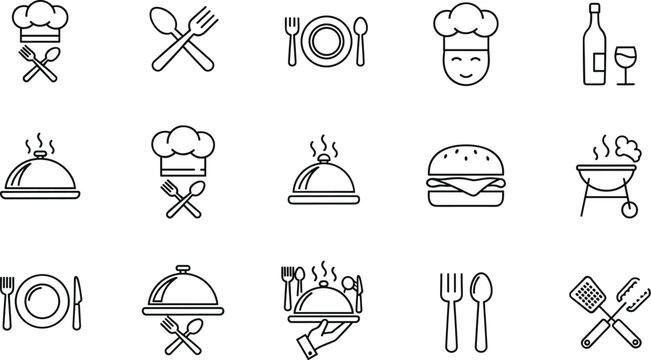 Restaurant and Dining Line Icon Collection with Chef Hat Burger Wine Plate and Serving Cloche Vector Illustration