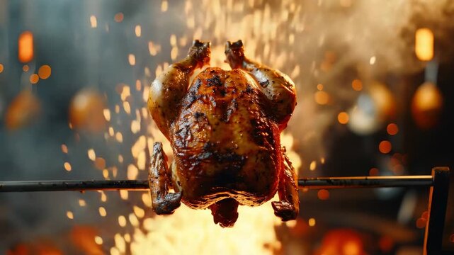 Rotisserie chicken cooking over open flame, smoke and embers visible