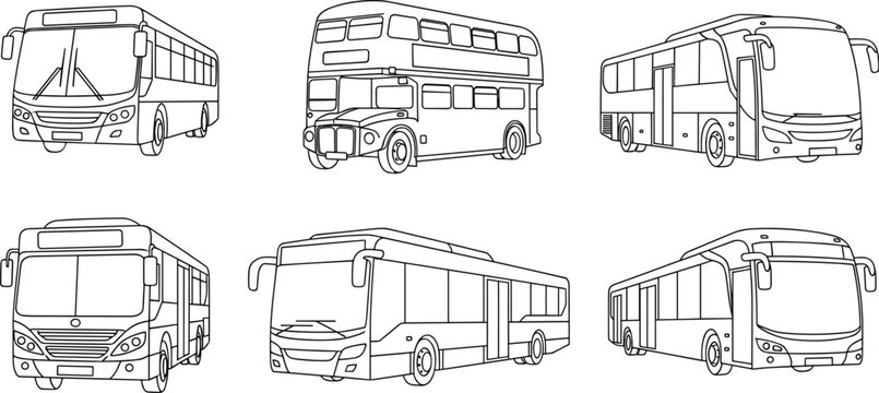 City Bus Line Art Collection with Double Decker and Modern Public Transport Vehicle Vector Illustration Set