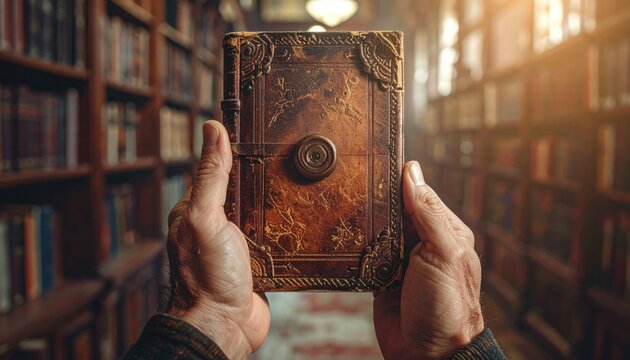 Ancient Grimoire Held In Hands With Intricate Embossing And Metal Clasp In A Dimly Lit Library With Sunbeams Filtering Through