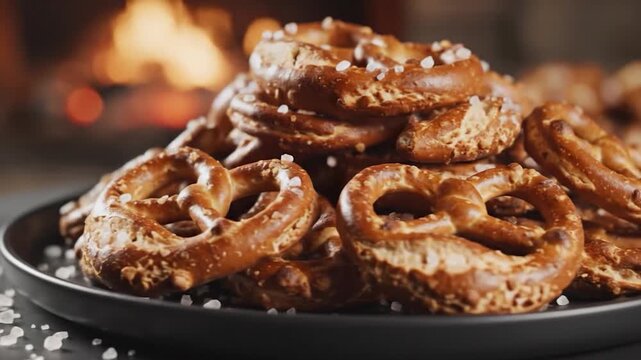 A delicious pile of freshly baked pretzels with coarse salt on a dark plate