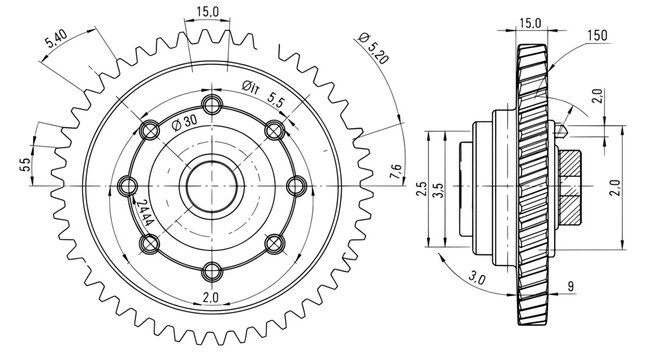 Gear technical drawing blueprint for mechanical engineering design