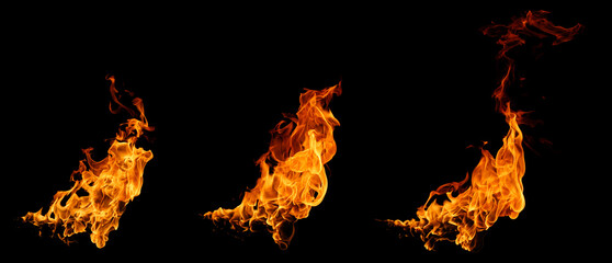 Set fire flame isolated black background. motion design, burst effect, cinematic explosion scenes, heat energy concepts in a torch. heat texture, burn in the grill. flame blaze at night, fire sizzling © VRVIRUS