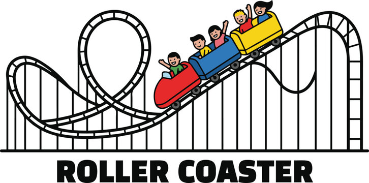 Vector illustration of a roller coaster with colorful cars carrying excited riders on a looping track, with bold &ldquo;Roller Coaster&rdquo; text beneath the graphic.