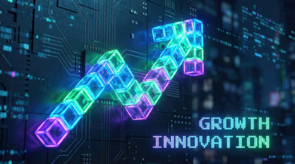 Obraz premium Neon arrow made of glowing translucent cubes forms upward growth graph over dark circuit board background, digital innovation concept with vibrant cyan, magenta and green lighting