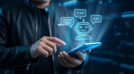 A person's hands hold a smartphone, displaying a glowing artificial intelligence chatbot icon with chat bubbles, symbolizing interactive digital communication and future assistance.