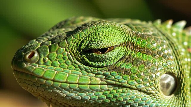 Macro close-up of green lizard eye blinking. Detailed texture of reptile scales and skin. Exotic wildlife head shot