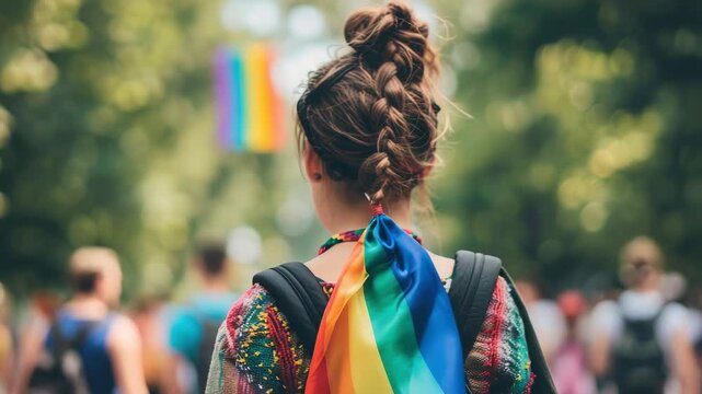 Person with rainbow flag at pride event