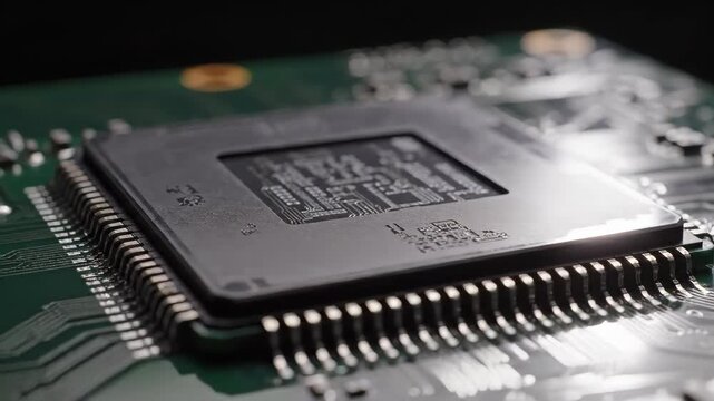 Macro shot of a computer processor chip on a circuit board with dramatic lighting. Close-up of electronic hardware components. Technology concept