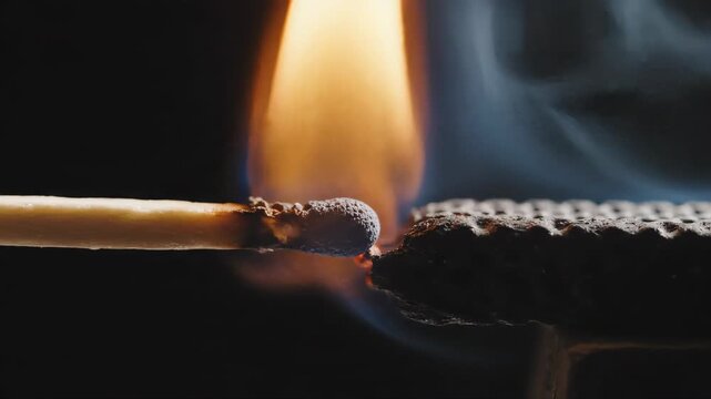 Macro shot of a matchstick striking and igniting with sparks. Close-up of a flame bursting from a match head against a black background. Ignition concept