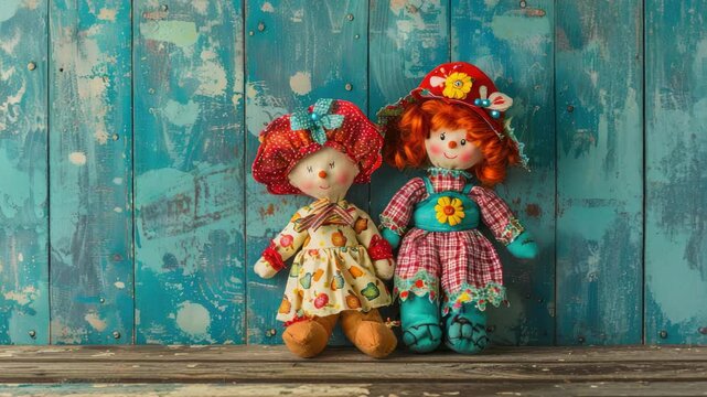 Two colorful rag dolls against vintage blue wooden background