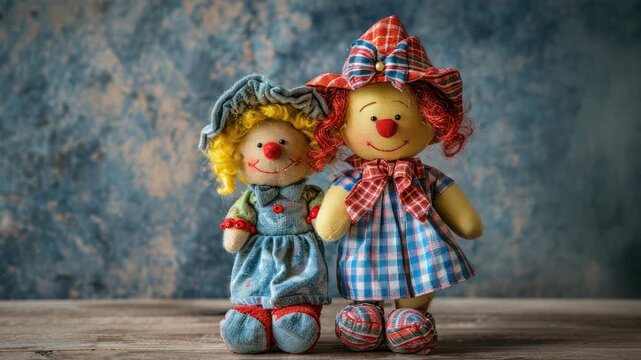 Two rag dolls with smiling faces and colorful dresses standing side by