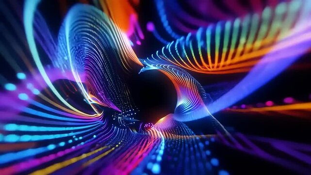 Colorful abstract waves of light and energy swirling in a dark space, creating a vibrant visual effect