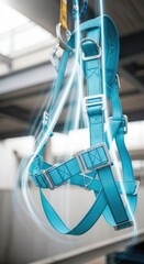 Blue Safety Harness Hanging in Workshop.