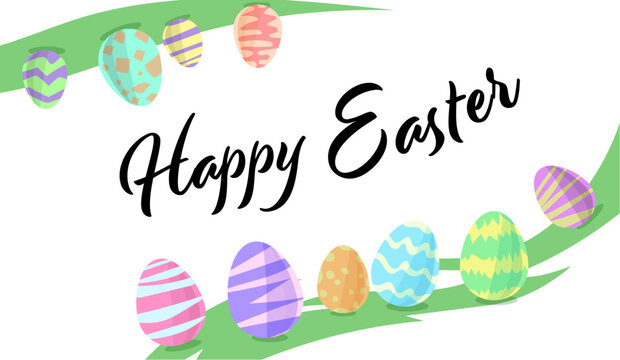 Happy easter day background, easter eggs on grass with pastel colorful design, easter holiday festival celebration. Seasonal vector illustration banner.
