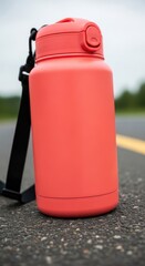 Bright Red Water Bottle on Asphalt.