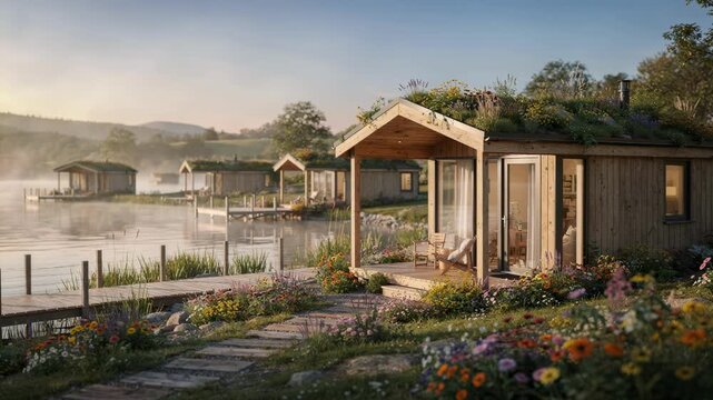 Lakeside tiny house cluster featuring ecofriendly design vivid flowers and wooden docks softly out of focus behind the prominently framed cabin.
