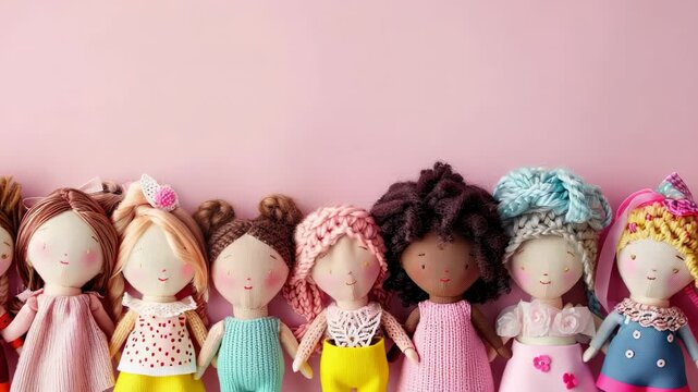 Handmade rag dolls with various hairstyles on pink background