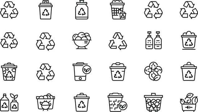 Comprehensive icon collection of various recycling and waste disposal symbols isolated on transparent background, Vector