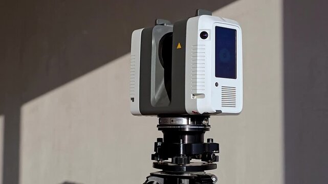 Surveying laser scanner. Lidar when scanning a room. Modern geodetic equipment. High quality 4k footage