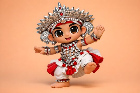 Cute 3D Kandyan dancer character in traditional Sri Lankan costume.