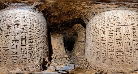 Ancient Egyptian hieroglyphs carved into stone cylinders within a tunnel