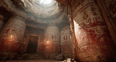 Sunlit, ancient, subterranean chamber with carved pillars