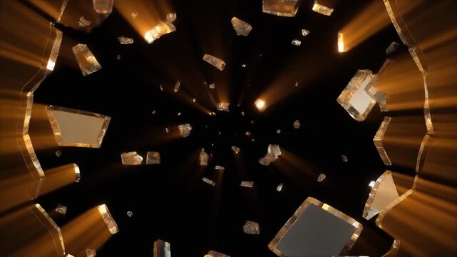 &ldquo;Shattered glass fragments radiating outward with golden light beams on dark background.&rdquo;