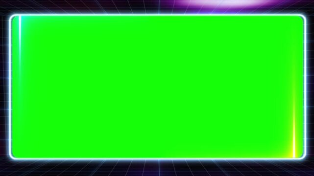 Glowing neon rectangular frame with bright green screen area set against a dark retro digital grid background for video overlay
