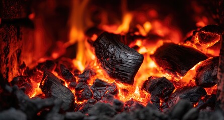 Close-up view of glowing embers and flames