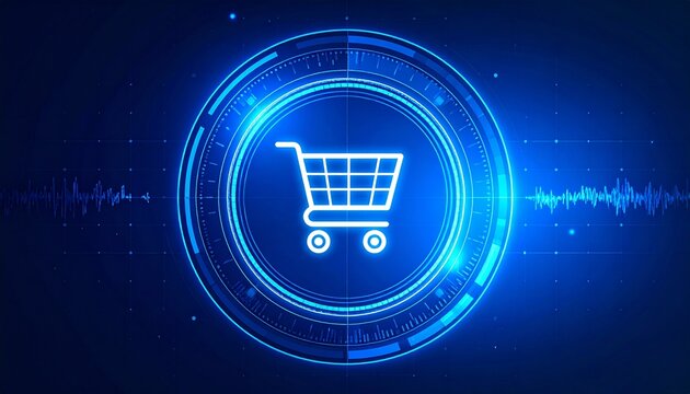 A digital shopping cart icon glowing with a futuristic blue light 