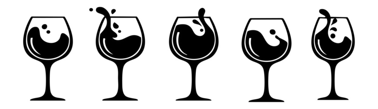 Set Of Five Wine Glass Icons Featuring Dynamic Splashing Liquid Silhouettes In Motion