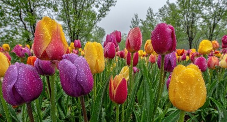 Colorful tulips in a garden, rain drops