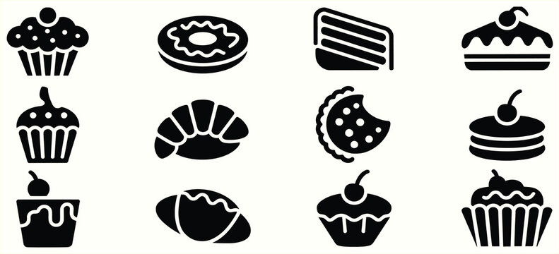AdobCake and dessert silhouette icons collection, featuring minimalist black stencils of traditional European pastries and American sweets for bakery signs and logos.e Illustrator Artwork