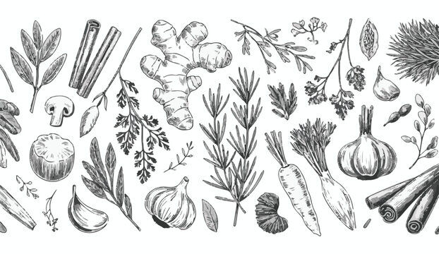 Hand Drawn Botanical Border of Herbs Spices and Vegetables Sketch ginger garlic