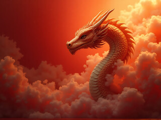 Fototapeta premium Majestic dragon emerging from soft golden mist on deep red backdrop, oil painting style, expansive copy space, elegant dynamic composition